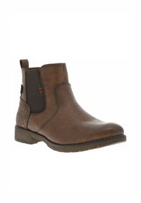 Bottine en cuir brun avec finition texturée, panneaux latéraux élastiques et motif embossé décoratif sur le talon. Semelle empilée basse.