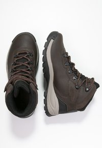 Botas de senderismo marrones con parte superior de cuero y malla, suela de goma resistente y ganchos de metal para los cordones. Detalles texturizados a lo largo de los lados.