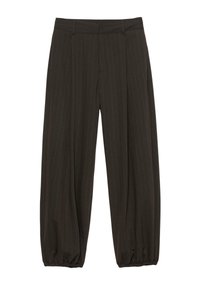 Pantalon marron foncé à rayures fines avec une coupe décontractée et des poignets froncés, doté d'une ceinture avec passants.