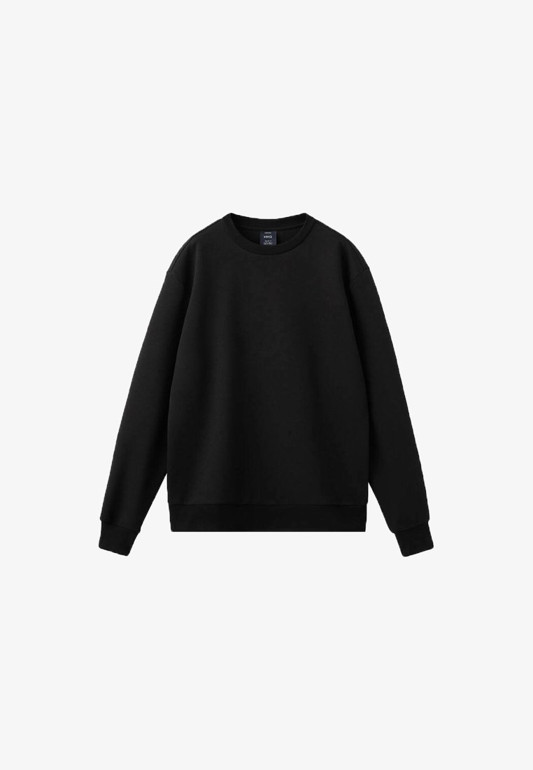 Sudadera negra de cuello redondo con mangas largas, puños y cinturilla acanalados, exhibida sobre un fondo blanco.