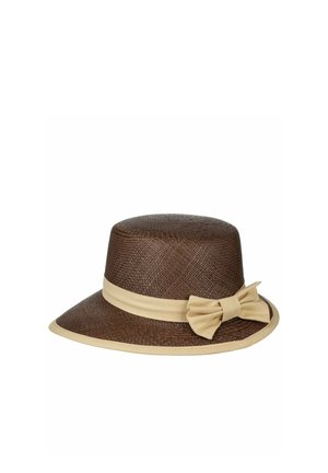 Brown woven hat with wide brim, beige trim, beige band, and decorative bow on the side.