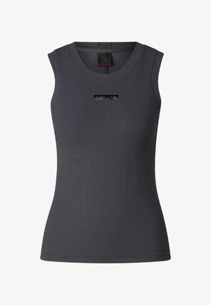Dark gray ribbed sleeveless tank top with round neckline and "FIRE + ICE" logo patch centered on the chest.