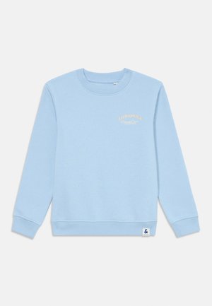 Felpa azzurra chiara con collo rotondo e maniche lunghe, piccolo testo beige "JACK & JONES Denim Crew Collective" sul petto e etichetta del marchio sull'orlo.