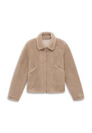 Beige Fleecejacke mit Reißverschluss, Kragen und langen Ärmeln, zwei Seitentaschen und weichem, strukturiertem Stoff.