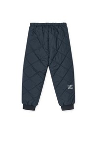 Quilted, navy blue pants with an elastic waistband and elastic cuffs. Features diamond pattern stitching and a small logo on the lower leg.