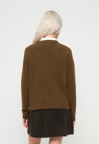 Mulher com cabelo loiro claro e longo usa um suéter castanho sobre uma saia preta, de pé de frente para um fundo liso claro, com as mãos relaxadas ao lado.