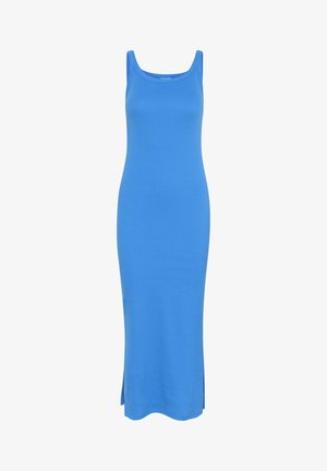 Lange, strakke, mouwloze jurk in felblauw, gemaakt van een zachte katoenmix. Heeft zijsplitten en een ronde halslijn.