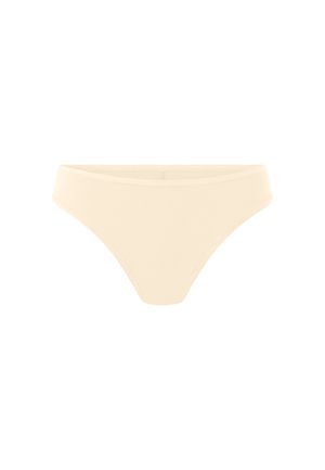 Sous-vêtement beige style bikini à taille haute et sans coutures avec une ceinture lisse, présenté sur un fond blanc.