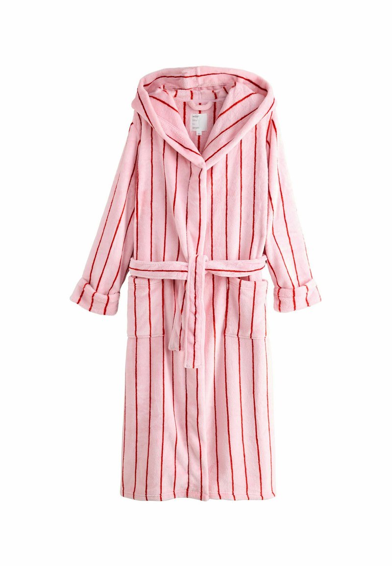 Pink striped bathrobe made from soft fleece material, featuring a hood, two front pockets, and a waist tie for secure fastening.