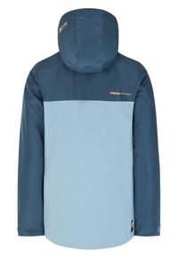 Hooded jack met een bicolor ontwerp: donkerblauwe bovenkant, lichtblauwe onderkant. Zachte textuur, Protest-logo in goud op de achterkant.
