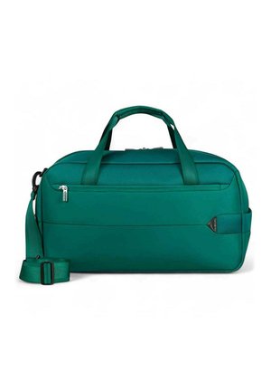 Borsa duffel verde con doppi manici, tasca frontale con zip e tracolla regolabile staccata, mostrata su sfondo bianco.