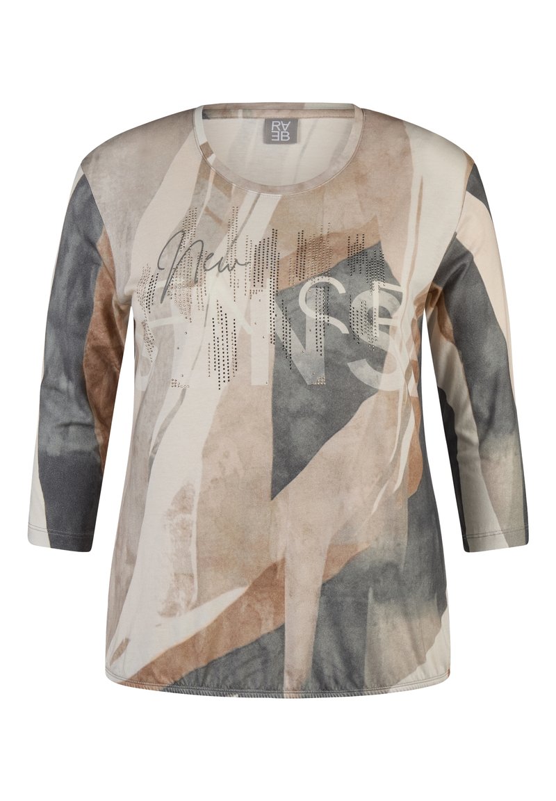 Langärmliges Oberteil mit einem abstrakten Muster in Beige, Grau und Schwarz. Weicher Stoff mit Rundhalsausschnitt und metallischen Akzenten.