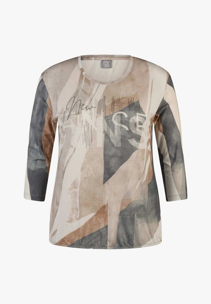 Langärmliges Oberteil mit einem abstrakten Muster in Beige, Grau und Schwarz. Weicher Stoff mit Rundhalsausschnitt und metallischen Akzenten.