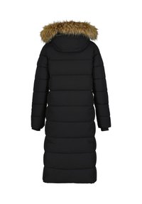 Schwarze Daunenjacke mit einem langen, taillierten Design. Sie verfügt über eine abnehmbare Kapuze aus Kunstfell und vertikale Steppnähte.