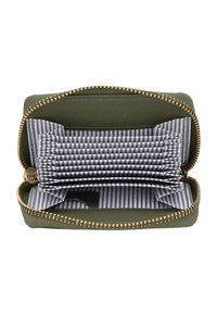 Small olive green zippered wallet open to show multiple striped fabric accordion card slots and a clear ID window inside.