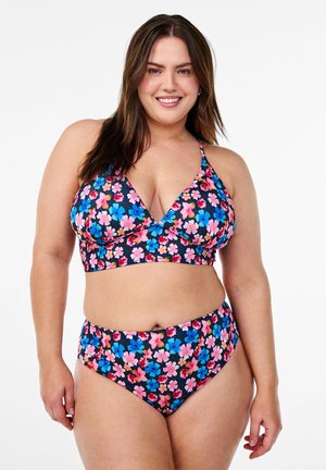 Floral bikini set featuring a black background, pink and blue flowers, triangle top with adjustable straps, and high-waisted bottom.
