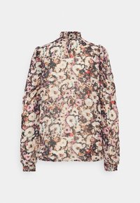 Blusa floreale con maniche lunghe, in tessuto trasparente nelle tonalità di rosa, crema e marrone, caratterizzata da un collo arricciato e polsini elasticizzati.