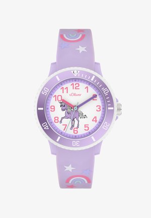 Lila Kinderarmbanduhr mit Einhornabbildung auf dem Zifferblatt, pinken Zahlen und Regenbogen- und Sternmotiven am Armband.