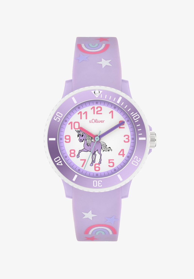 Montre pour enfants violette avec une illustration de licorne sur le cadran, des chiffres roses, et des motifs d'arc-en-ciel et d'étoiles sur le bracelet.