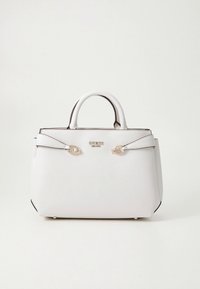 Sac à main en cuir blanc avec un design structuré, une quincaillerie dorée polie, deux poignées supérieures et un liseré noir contrastant sur les bords.