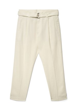Pantaloni beige chiaro a gamba affusolata con vita alta, passanti per cintura, cintura con fibbia a D, tasche laterali e orli risvoltati.