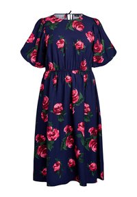 Marineblauwe bloemenjurk met roze rozen en groene bladeren. Heeft een ronde halslijn, een elastische tailleband en korte puff mouwen.