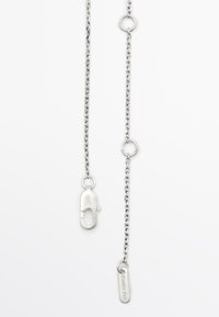 Catena in metallo argentato con una chiusura a un'estremità, caratterizzata da anelli circolari e un piccolo ciondolo. Texture liscia con finitura lucida.