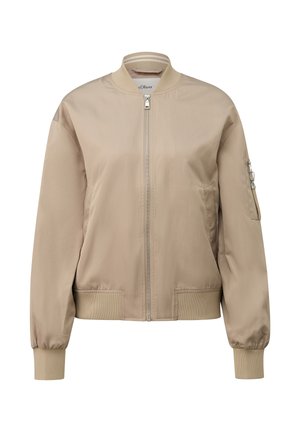 Giacca bomber beige chiaro con colletto, polsini e orlo a costine, zip frontale e tasca con zip sulla manica sinistra.
