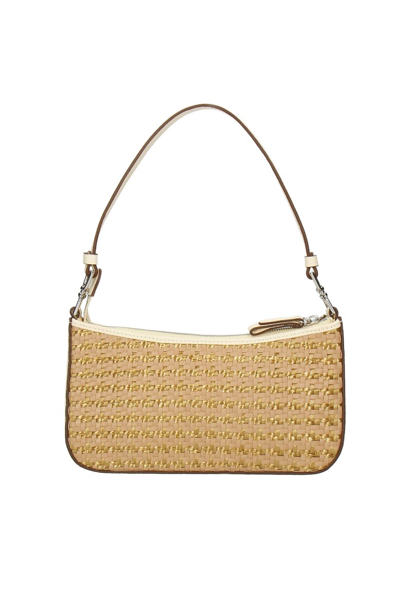 Vævet taske i tan og beige med en glat læderrem, der har en lynlåslukning og kontrasterende crema kant langs toppen.