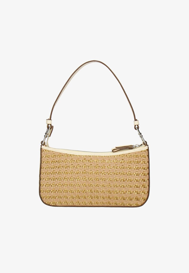 Vævet taske i tan og beige med en glat læderrem, der har en lynlåslukning og kontrasterende crema kant langs toppen.