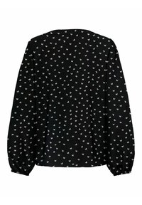 Zwarte blouse met kleine witte bloemenpatronen, lange pofmouwen en een ronde halslijn. Zachte stof met een lichte textuur.