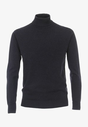 Dunkelblauer Rollkragenpullover aus weichem Wollmischgarn. Mit langen Ärmeln sowie gerippten Bündchen und Saum für eine taillierte Passform.