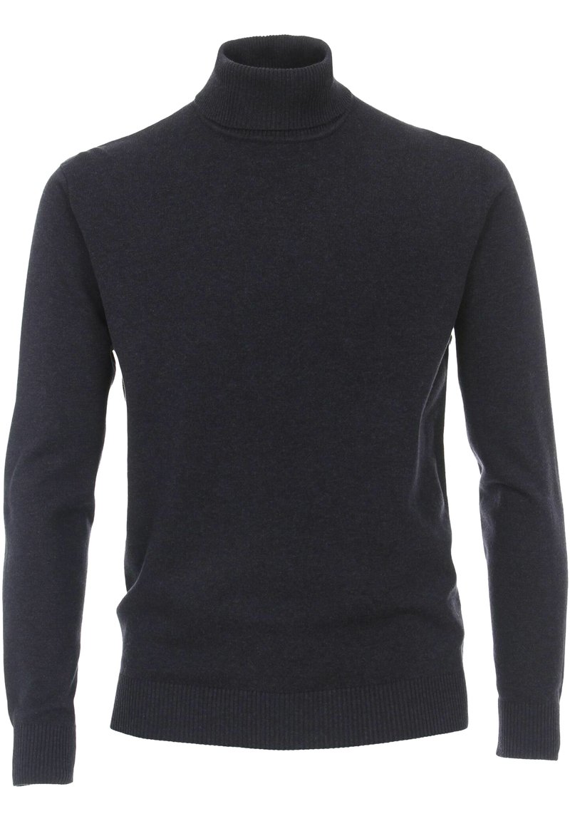 Dunkelblauer Rollkragenpullover aus weichem Wollmischgarn. Mit langen Ärmeln sowie gerippten Bündchen und Saum für eine taillierte Passform.