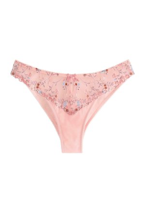 Perizoma in pizzo rosa con ricami floreali in tonalità di rosso, blu e viola e un piccolo fiocco centrale.