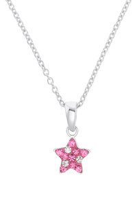 Collana in argento con pendente a forma di stella. Il pendente presenta cristalli rosa e trasparenti disposti a formare un motivo a stella.