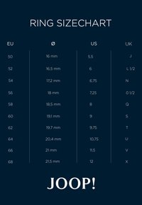 Ringstorlekstabell som visar EU-storlekar 50-68, diameter i mm, US-storlekar och UK-storlekar. Svart bakgrund med vit text och logotypen "JOOP!" längst ner.