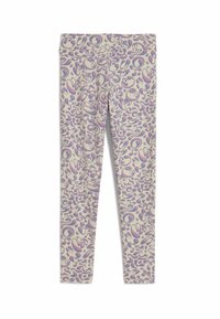 Leggings avec une base crème et un motif abstrait dynamique dans des tons de violet et de rose, fabriqués à partir d'un matériau extensible et doux.