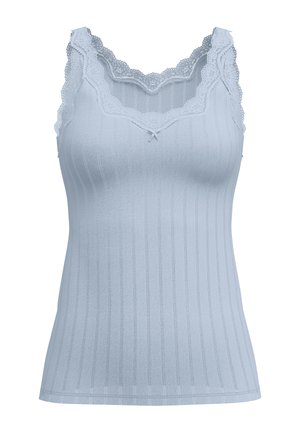 Top côtelé bleu clair sans manches avec bordure en dentelle sur l'encolure et les épaules, avec un petit nœud au centre devant.