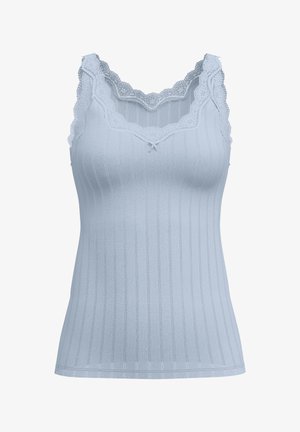 Lichtblauw mouwloos geribd topje met kanten afwerking bij de halslijn en schouders, met een klein strikje middenvoor.