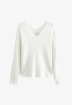 Weißer, gerippter Pullover mit tiefem V-Ausschnitt, langen Ärmeln und legerer Passform. Die Textur weist vertikale Linien auf, die das Design verbessern.