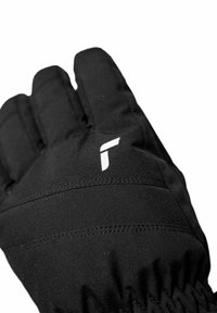 Sort isoleret vinterhandske med et hvidt minimalistisk logo på bagsiden, der har syninger og en elastisk manchette.