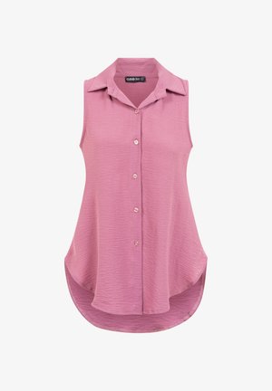 Blouse rose sans manches à boutons, tissu texturé, col pointu et ourlet arrondi, conçue pour un usage décontracté.
