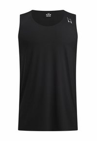 Canotta sportiva nera con scollo rotondo, realizzata in tessuto leggero, caratterizzata da sottili fori di ventilazione e un piccolo logo del marchio sulla spalla.