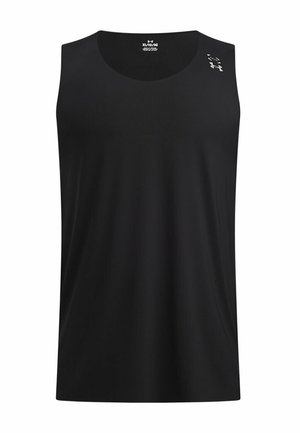 Black athletic tank top with a round neckline, made of lightweight fabric, featuring subtle ventilation holes and a small brand logo on the shoulder.