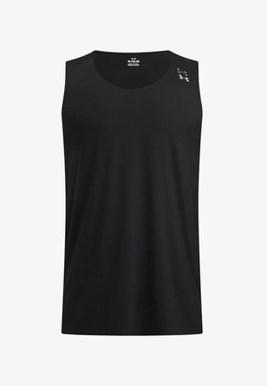 Juodas sportinis marškinėlis be rankovių su apvalia iškirpte, pagamintas iš lengvos medžiagos, su subtiliomis ventiliacijos skylutėmis ir nedideliu prekės ženklu ant peties.