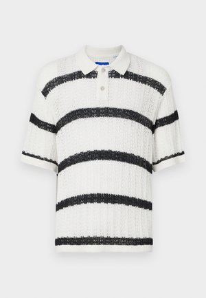 White short-sleeve polo with textured fabric, featuring wide black horizontal stripes and a three-button collar with clear buttons.