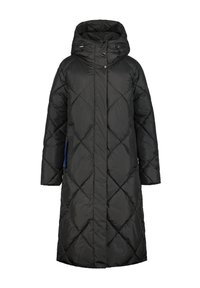 Zwarte pufferjas met capuchon, voorzien van een diamantvormig quiltpatroon, een rits aan de voorkant en zijzakken met blauwe accenten. Lange, relaxte pasvorm.