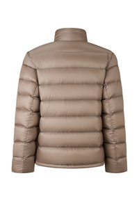 Beige dunjakke med høj krave, der har vandrette quiltede sektioner, elastiske manchetter og en glat, blank overflade.