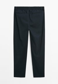 Black straight-leg pants with elastic waistband, two back welt pockets, and belt loops, displayed against a white background.