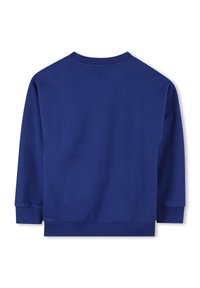 Navyblauer Pullover mit langen Ärmeln, runder Halslinie und gerippten Manschetten. Glatte Textur ohne sichtbare Muster oder Akzente.